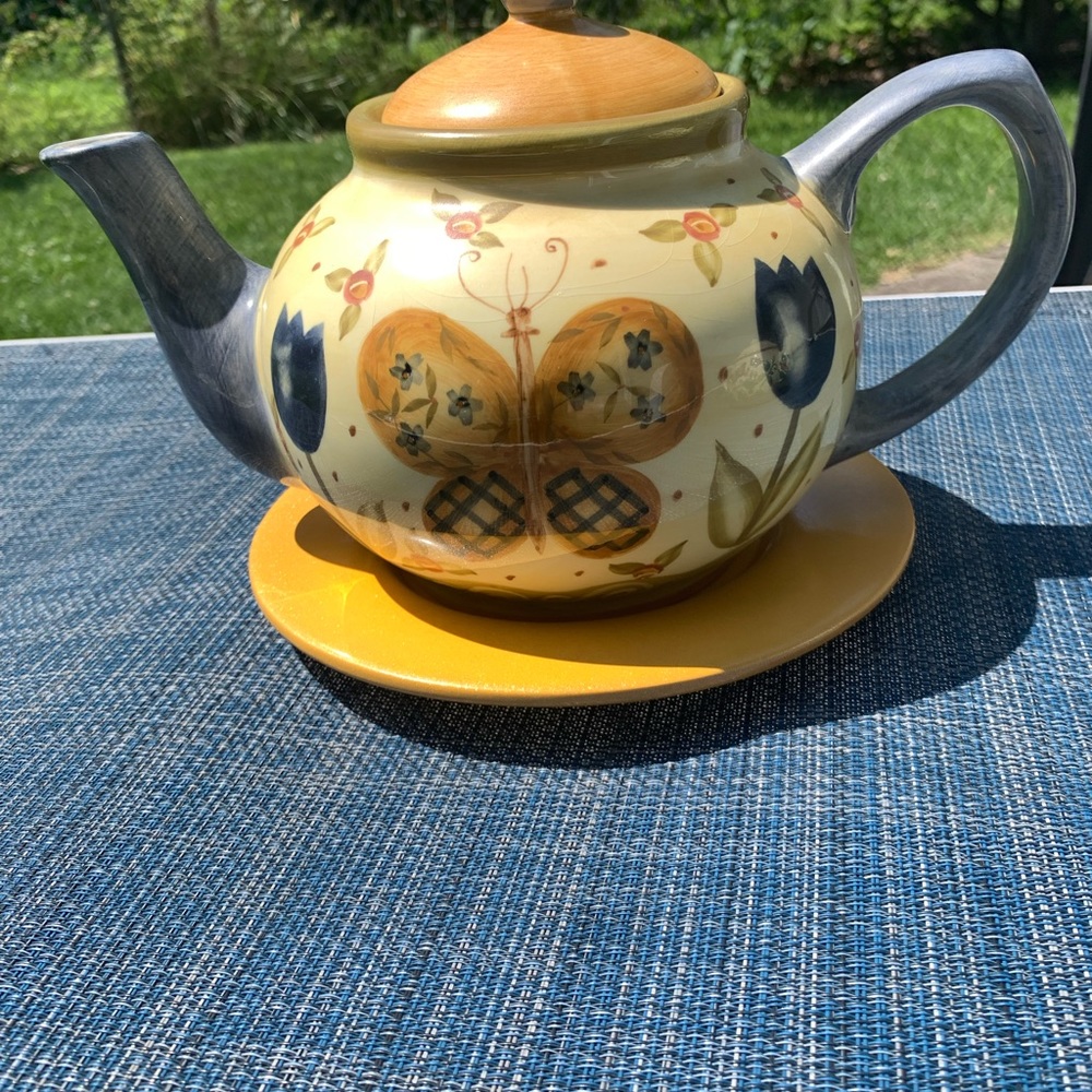 "Lang & Wise Ltd." earthenware teapot w/ saucer, 'Simple Life'